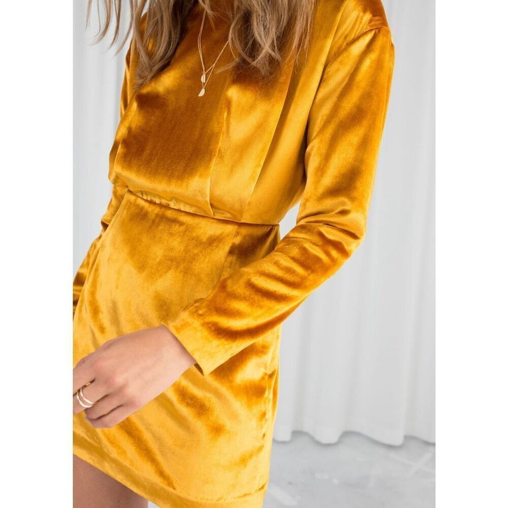 & Other Stories Stockholm Atelier Golden Yellow Velvet Mini Dress Size 0/XS - Picture 4 of 10